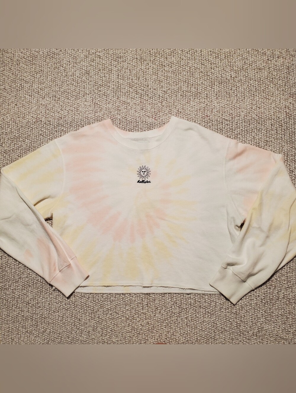 Hollister White Tie-Dye Crewneck Sweatshirt with Pink & Yellow Sunburst